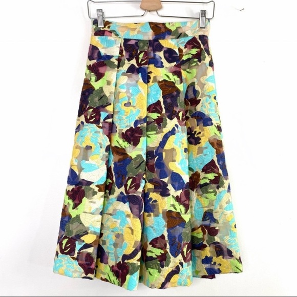 ZARA Floral Jacquard Puffy Pleated Midi Skirt in Yellow with Purple Size XS New - Picture 4 of 9